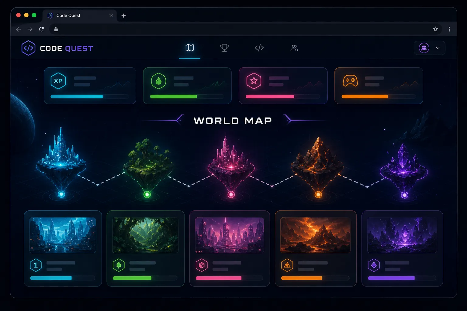 Code Quest world map hub with XP stats and quest nodes