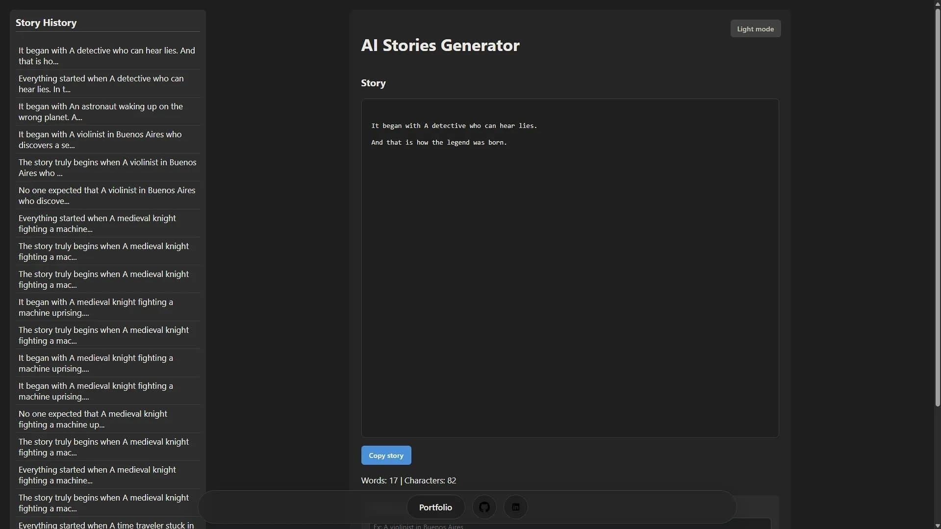 AI Story Generator dark mode UI