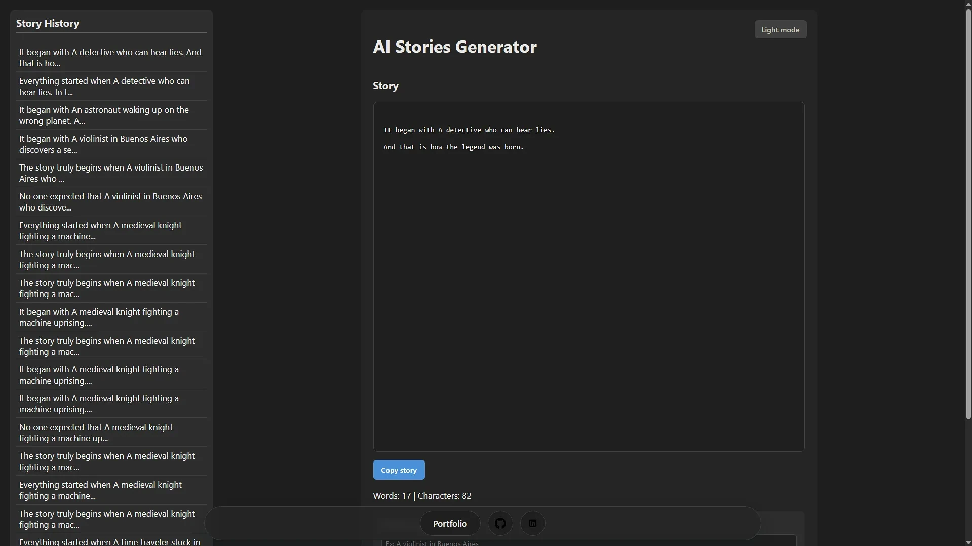 AI Story Generator dark mode UI