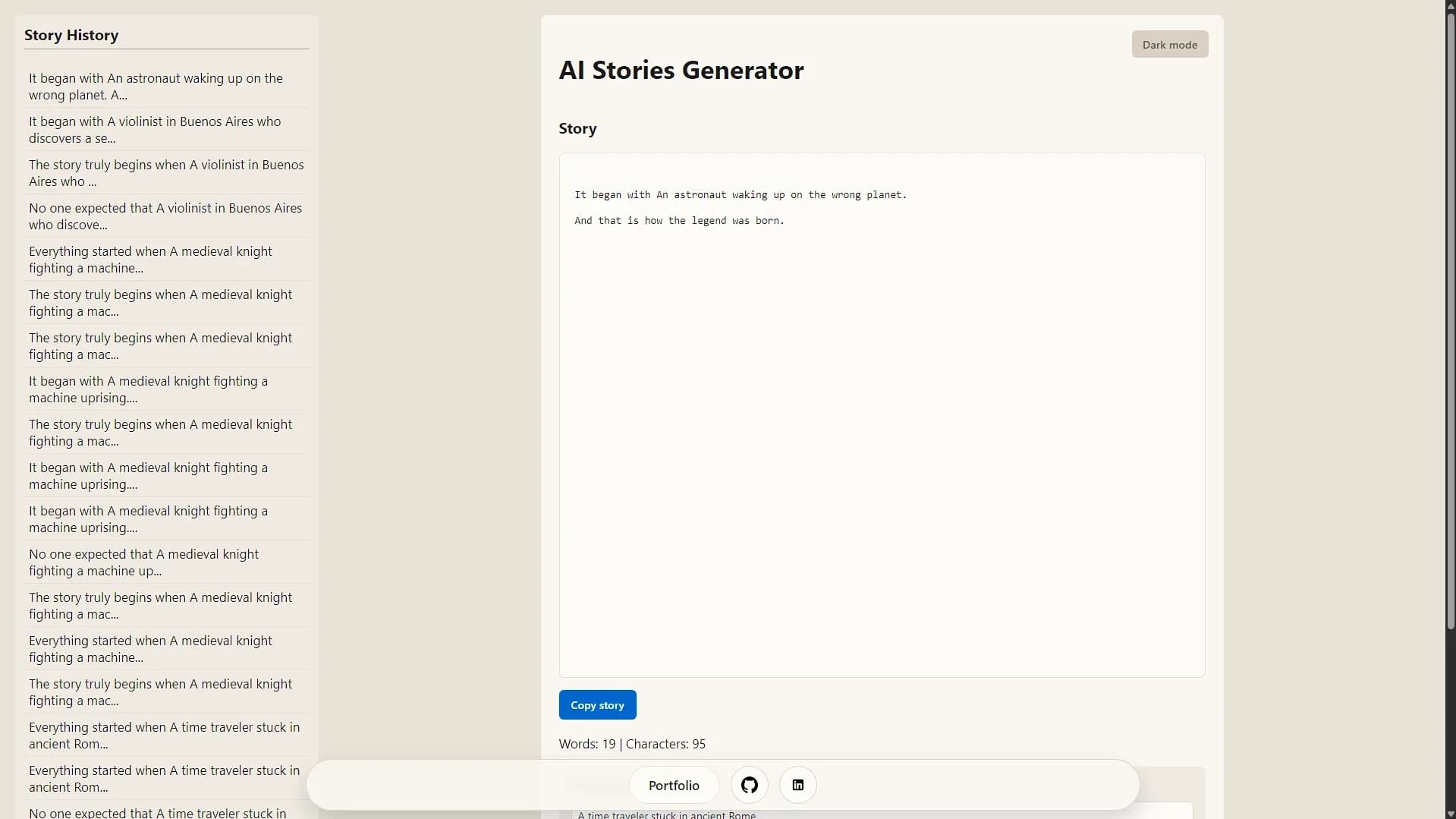 AI Story Generator main page