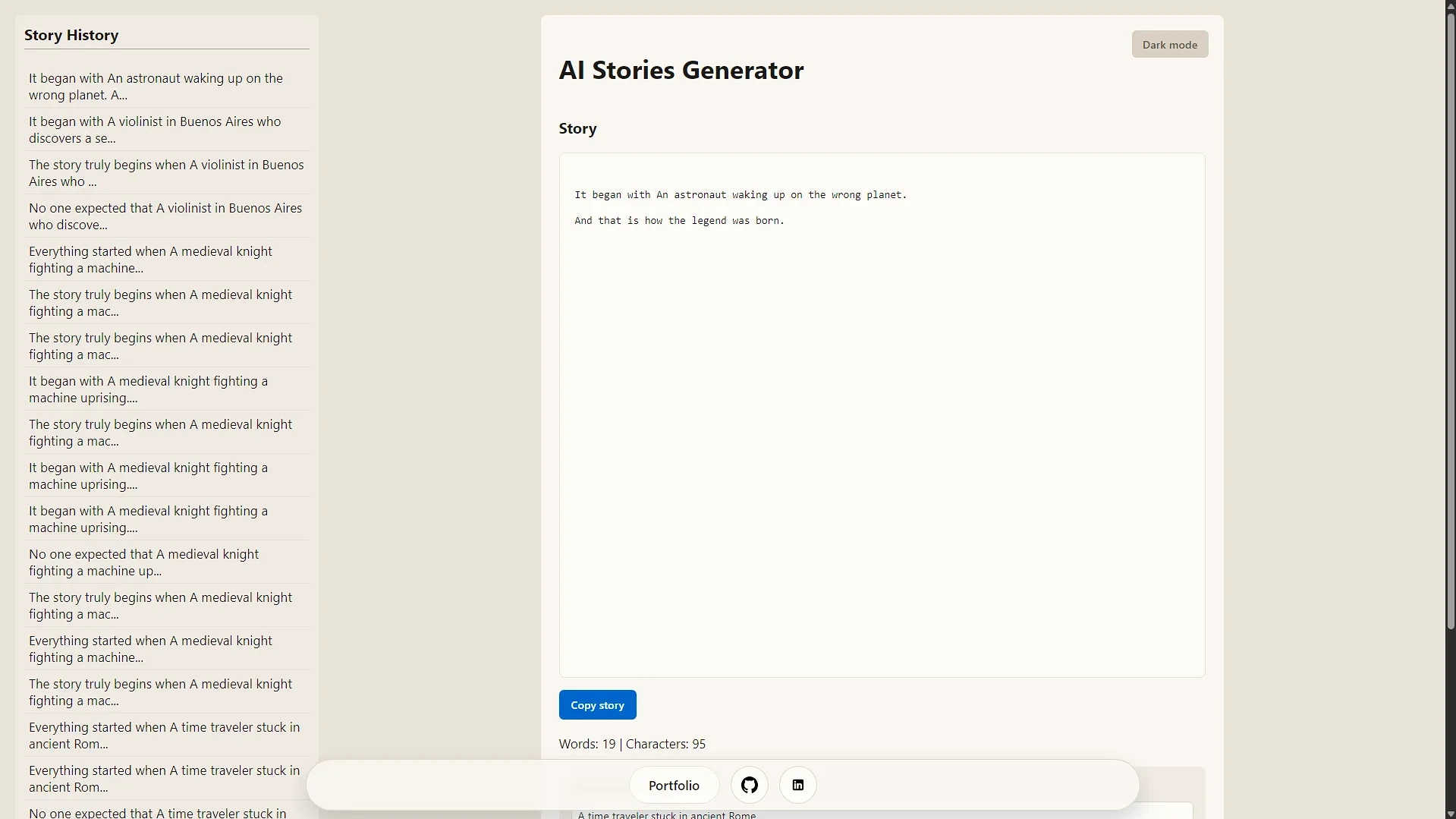 AI Story Generator main page