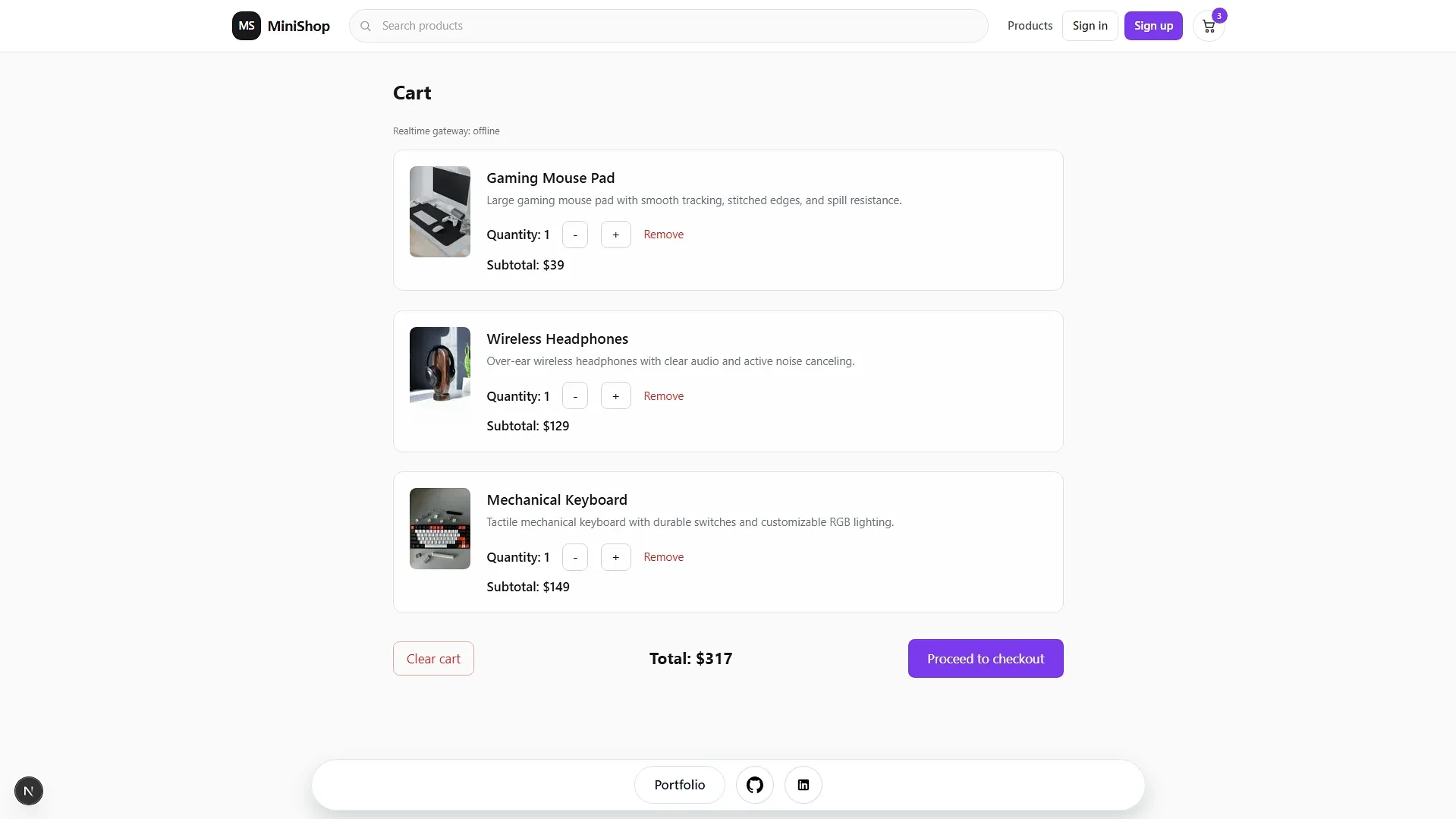 Mini Ecommerce cart checkout view