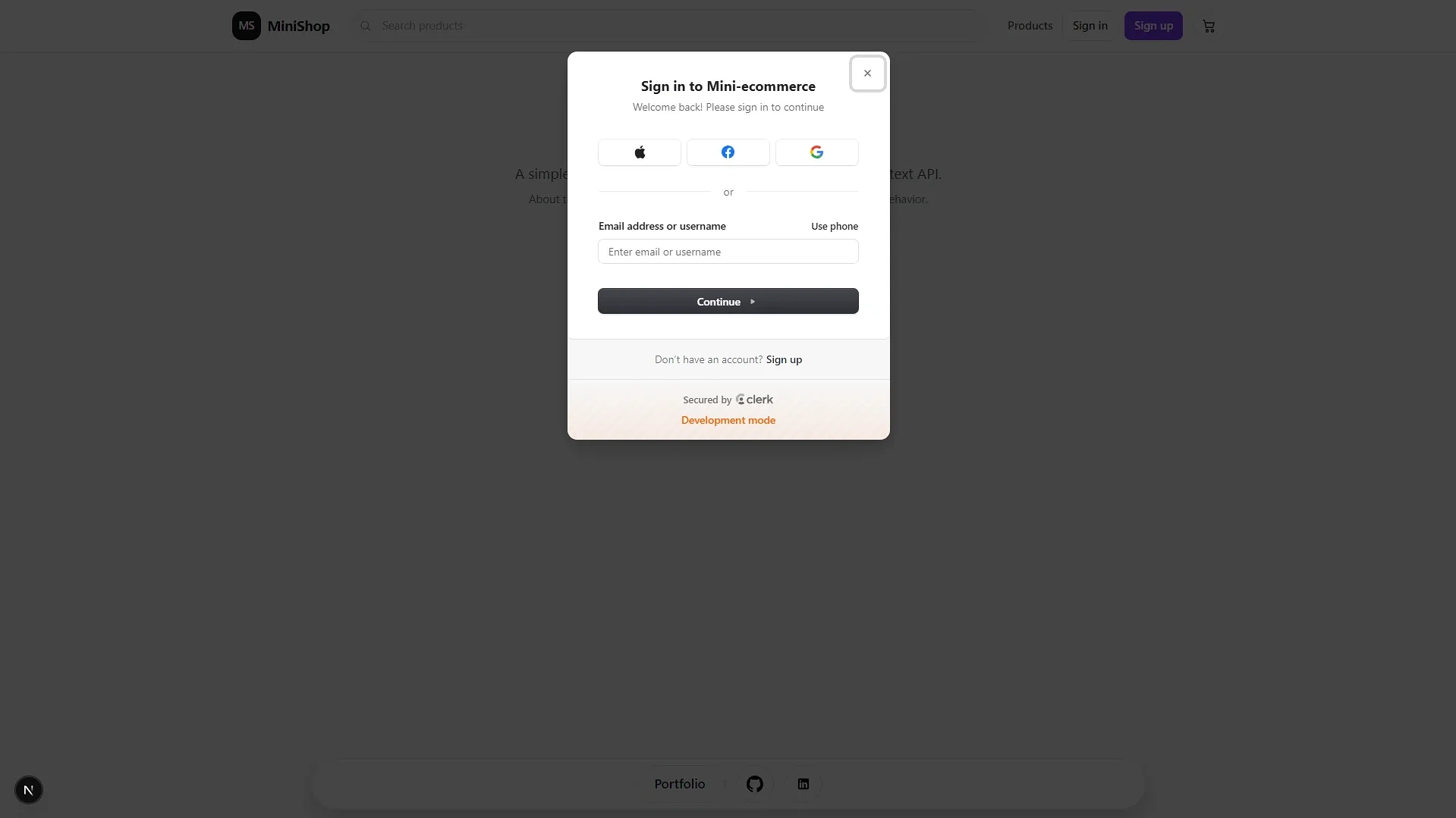 Mini Ecommerce Clerk sign-in