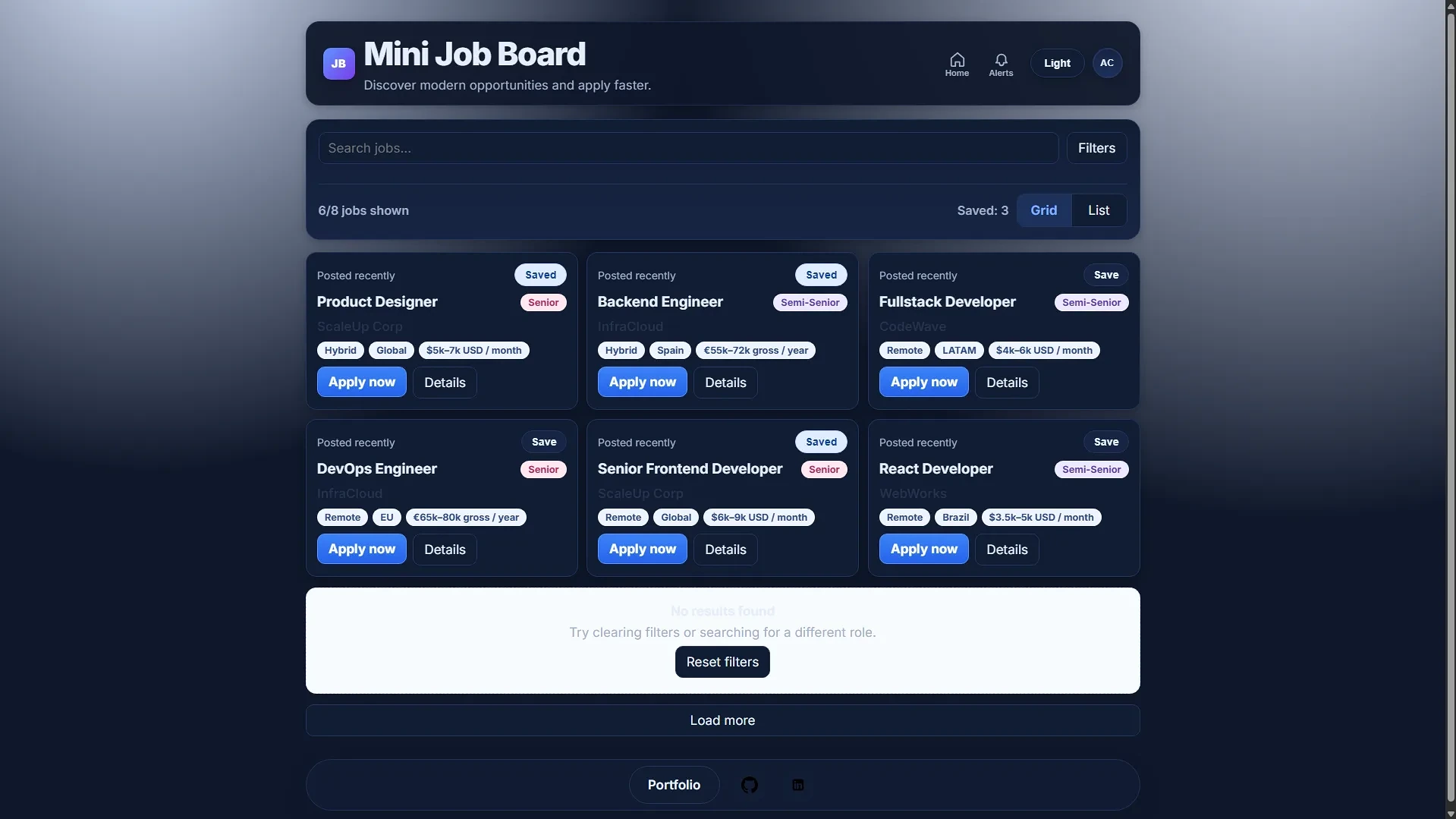 Mini Job Board dark theme listing