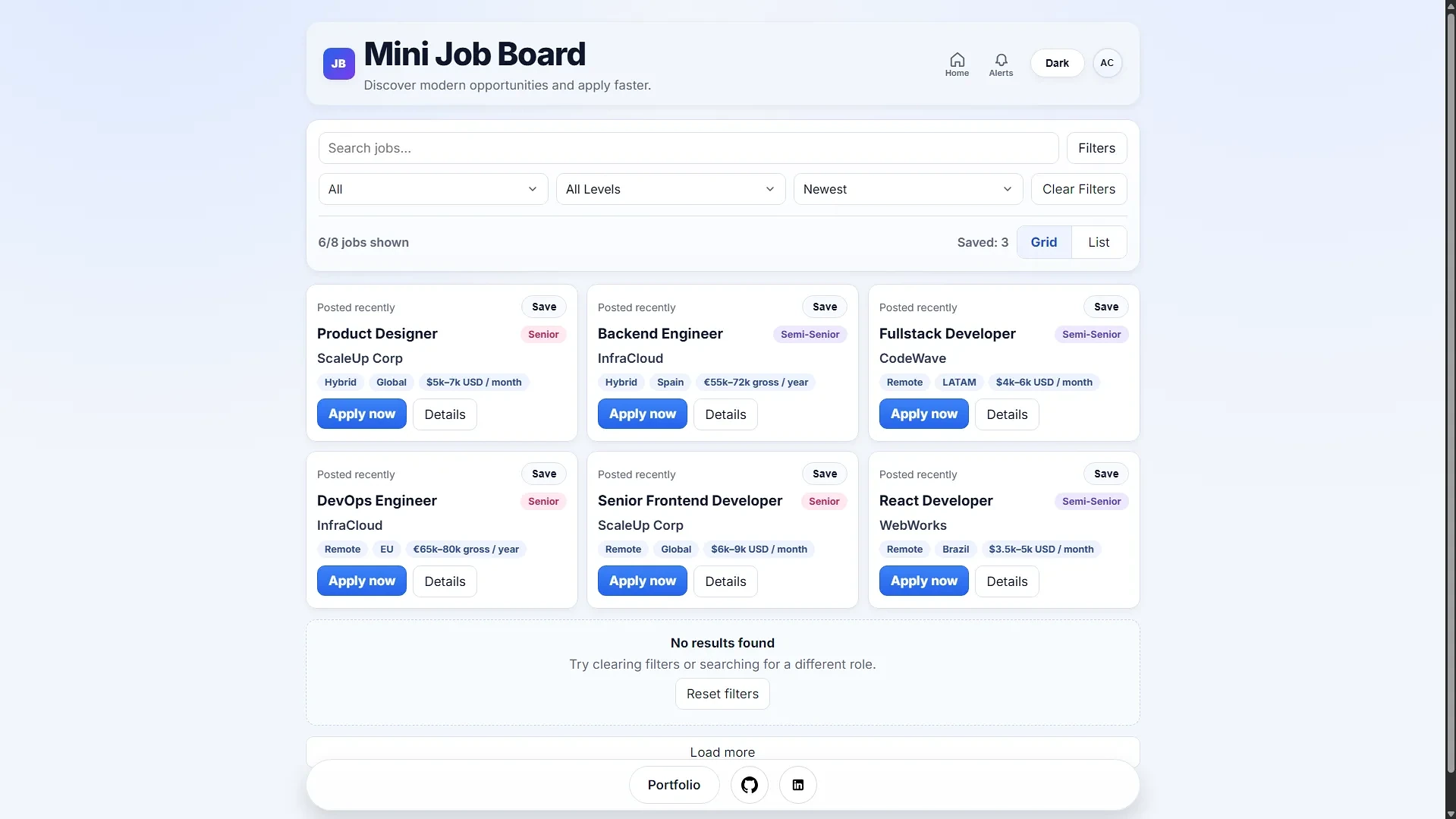 Mini Job Board main page