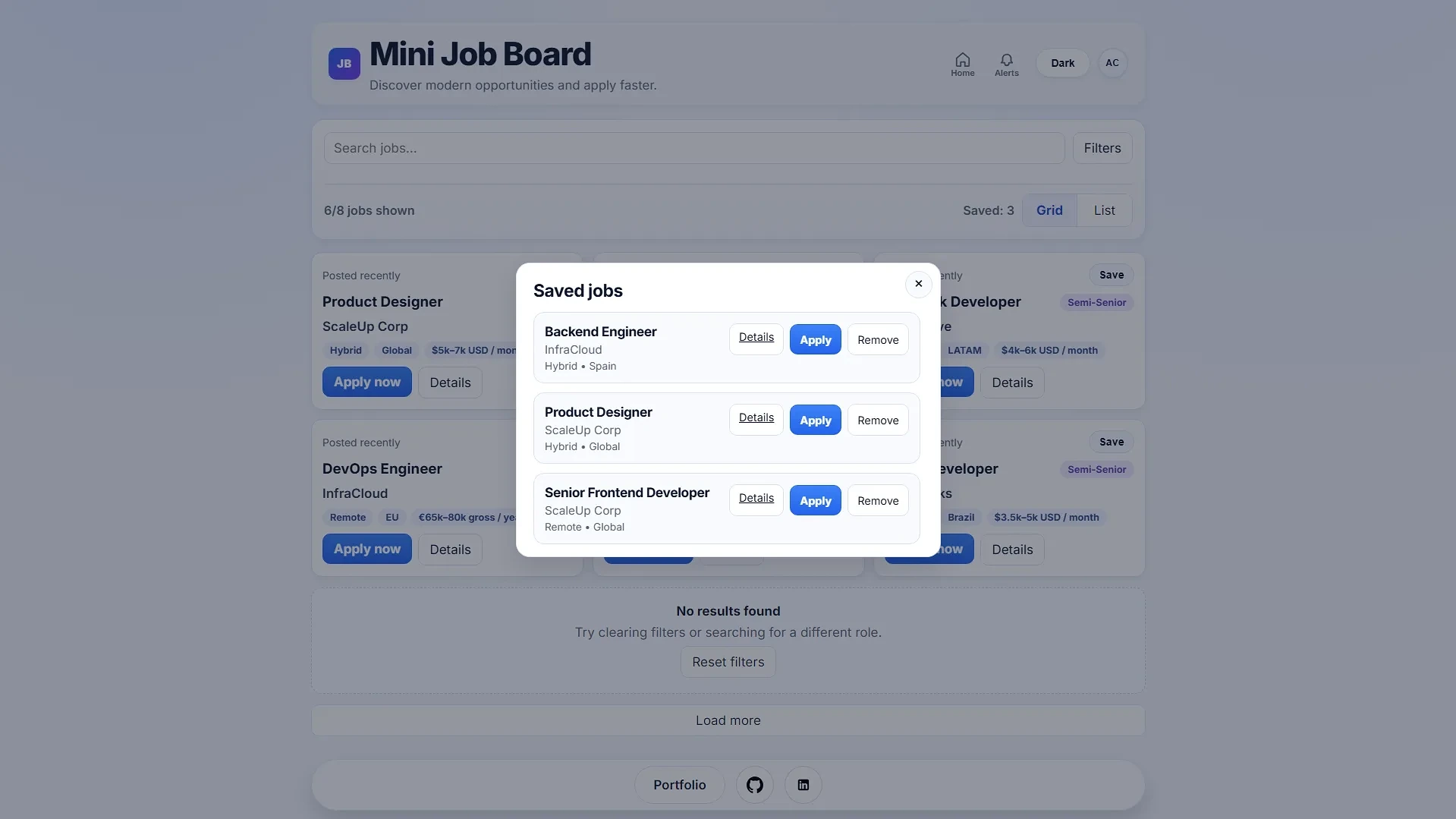 Mini Job Board saved jobs